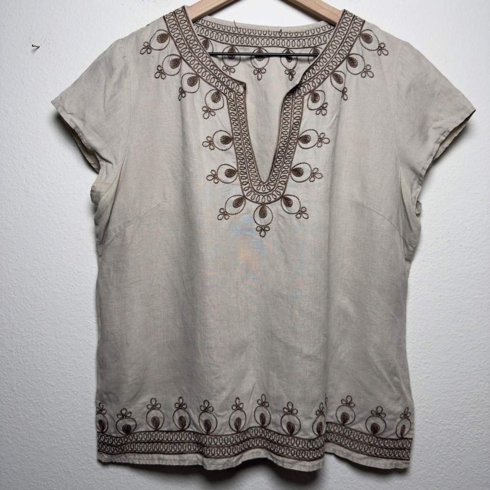 Ecologie Women 100% Linen Top Medium Beige Embroidered V-Neck Boxy Lagenlook